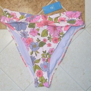 NWT Cupshe Pink Floral Print High Waisted High Leg Cheeky Bikini Bottoms large